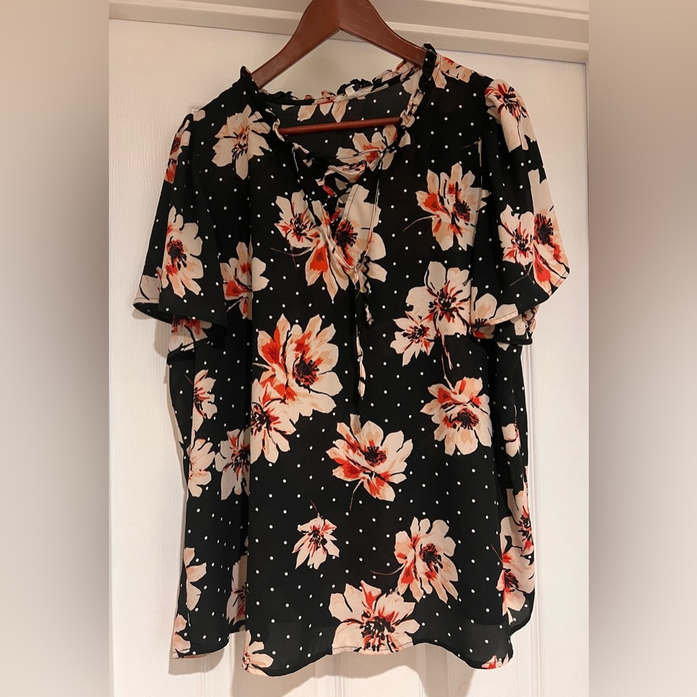 Maurices Black Floral Tie-Neck Blouse with Peach Accents